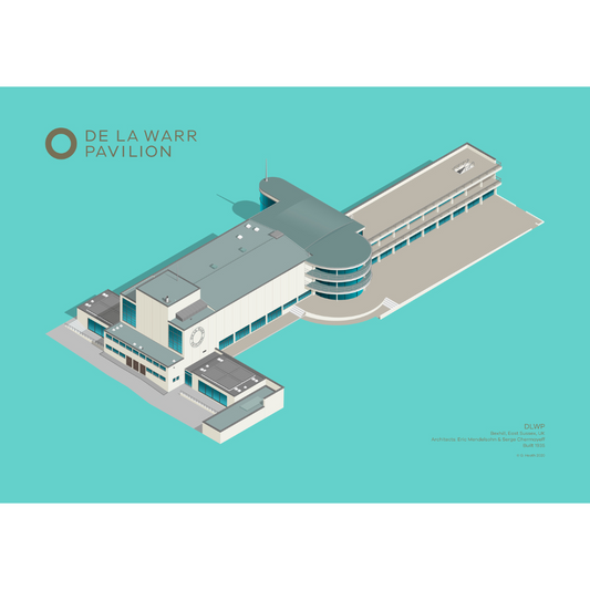 Illustrated aerial image of De La Warr Pavilion with a teal background.