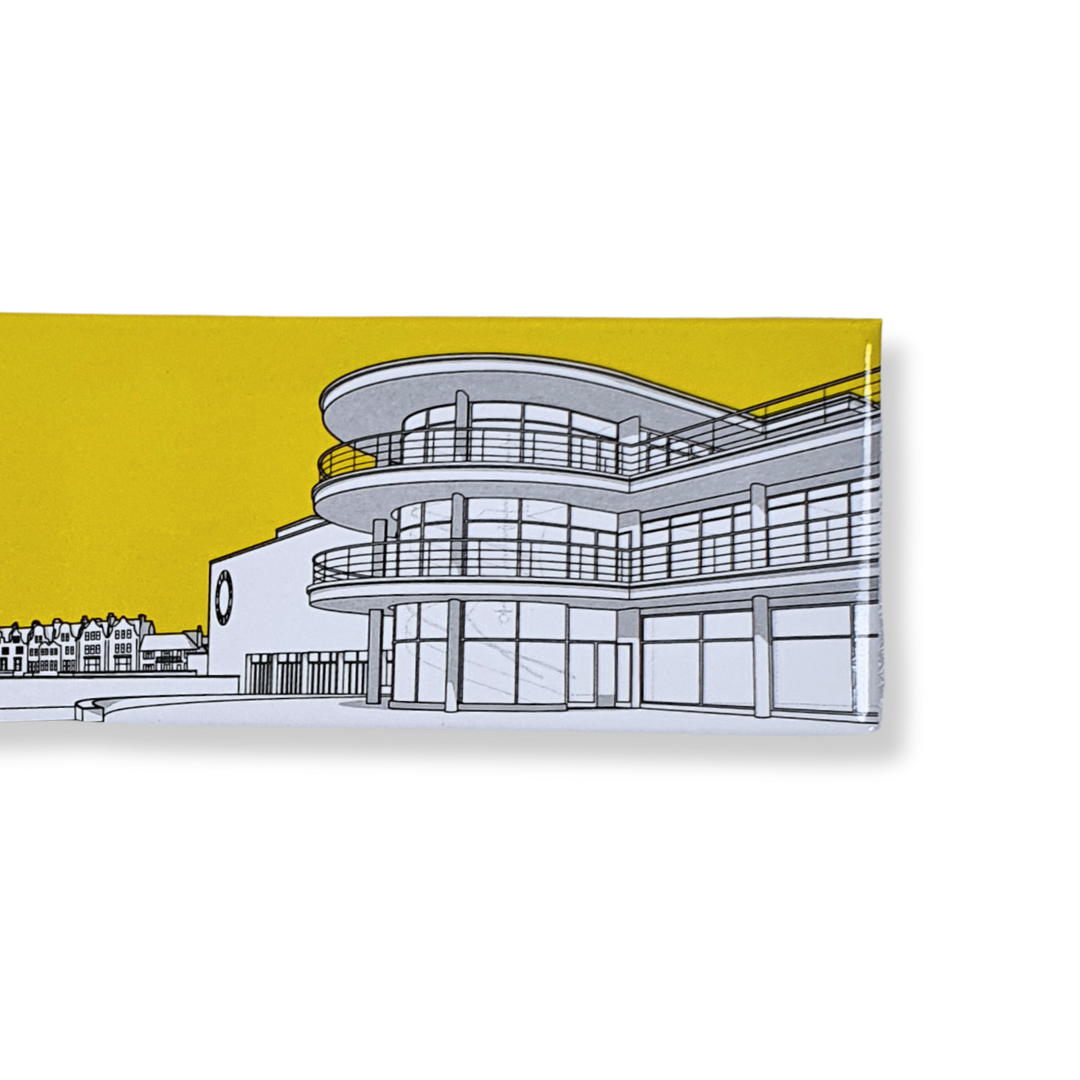 Close up of rectangle magnet depicts the iconic architecture of the De La Warr Pavilion illustrated in grey with a yellow background