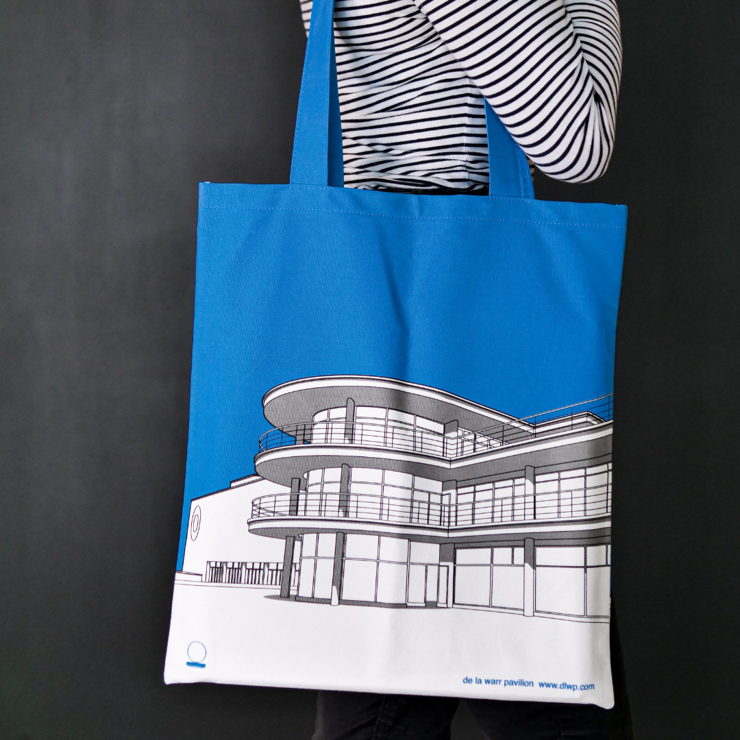 Blue canvas bag with grey illustration of De La Warr Pavilion