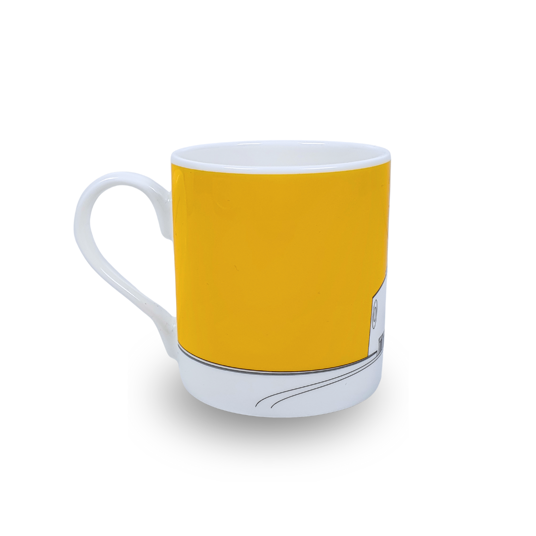 White mug with grey illustration of De La Warr Pavilion with a yellow background