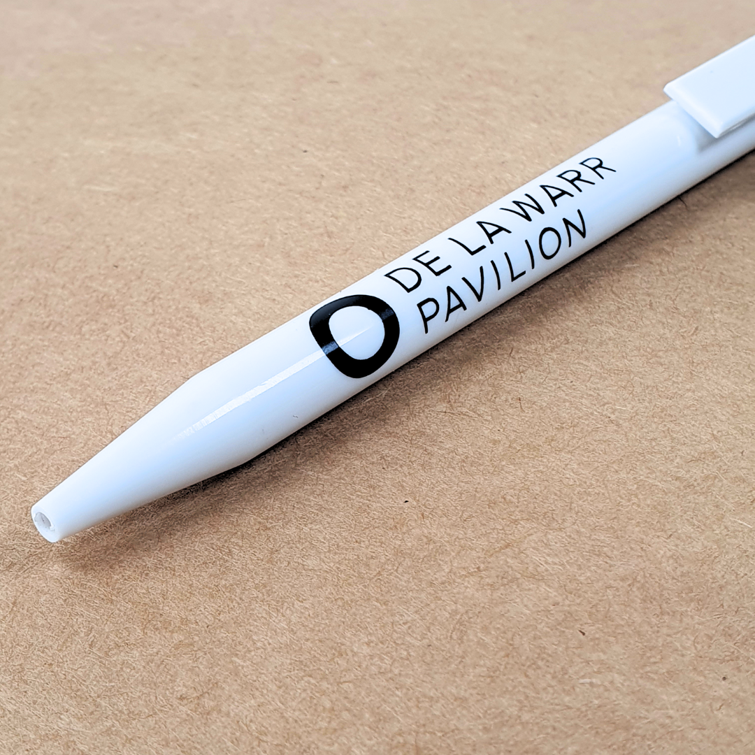 close up of classic white branded DLWP pen made from recycled plastic