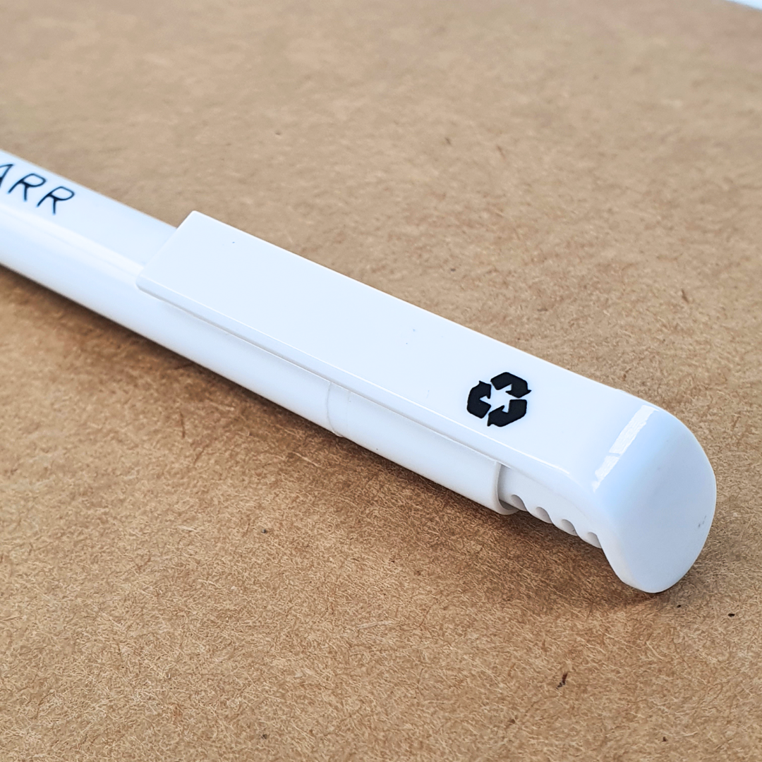 close up classic white branded DLWP pen made from recycled plastic