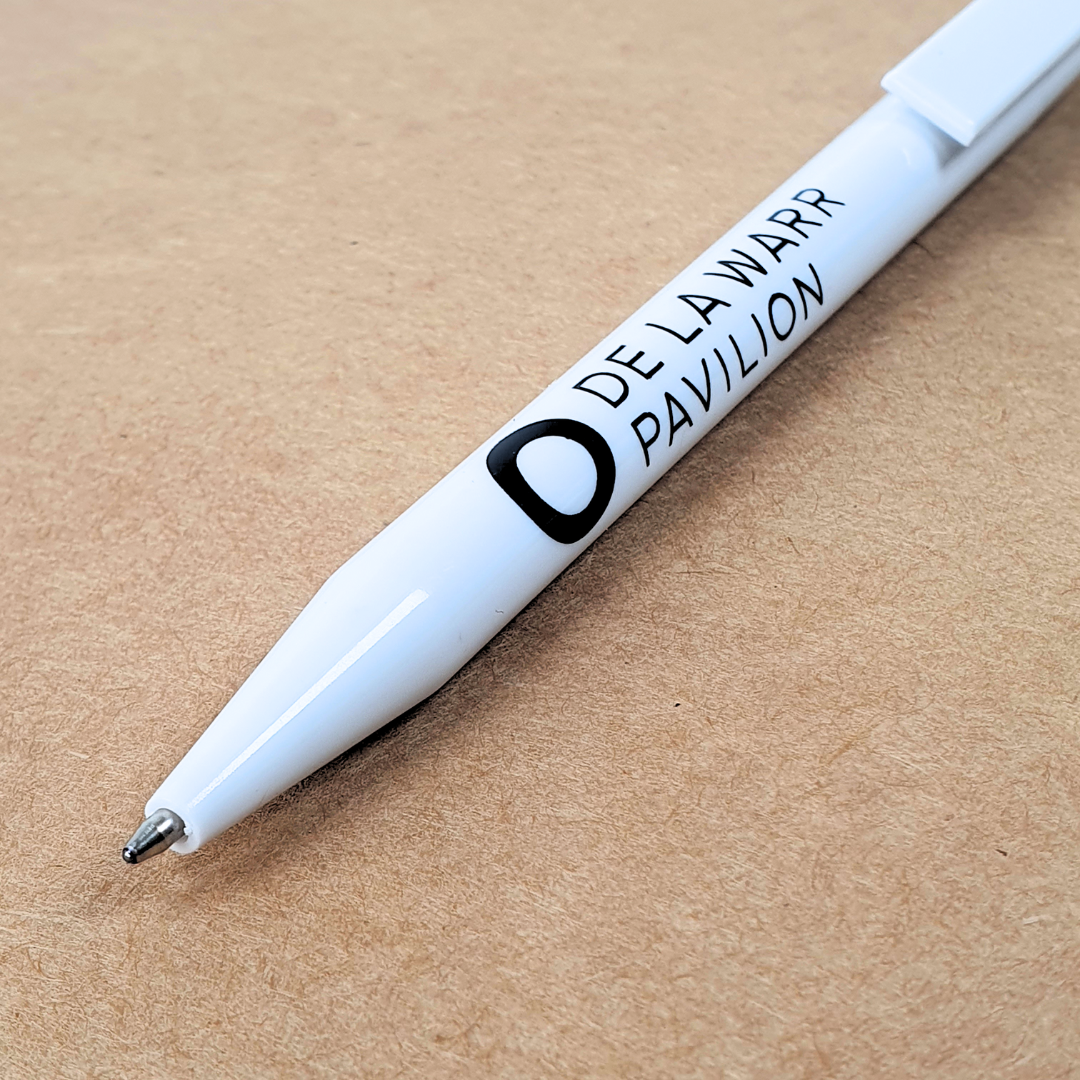 close up classic white branded DLWP pen made from recycled plastic