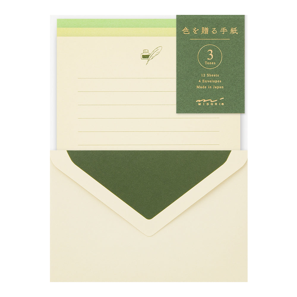 Letter set with paper and envelopes in three shades of green