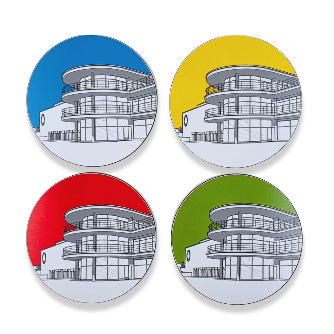 Full set of DLWP coasters in blue, yellow, red and green