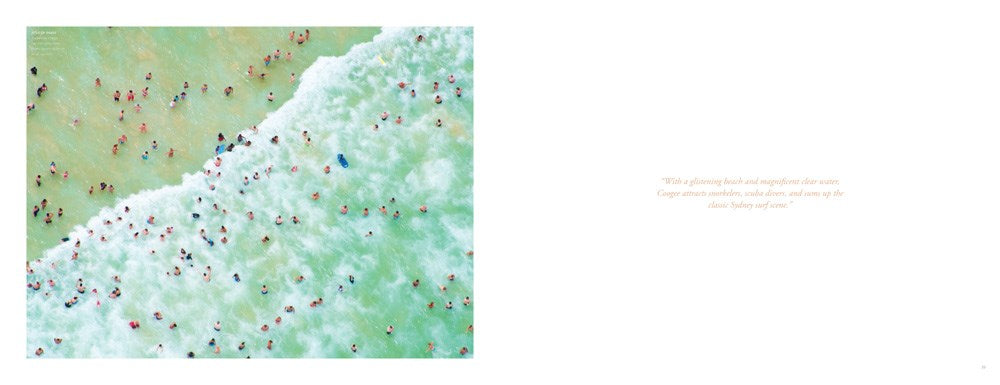 page of Beaches by Gray Malin with text and photograph of people in the sea