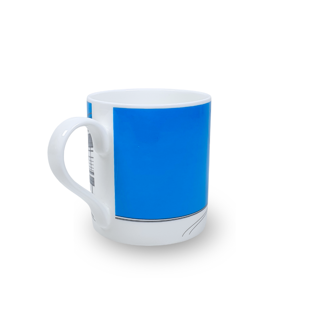 White mug with grey illustration of De La Warr Pavilion with a blue background