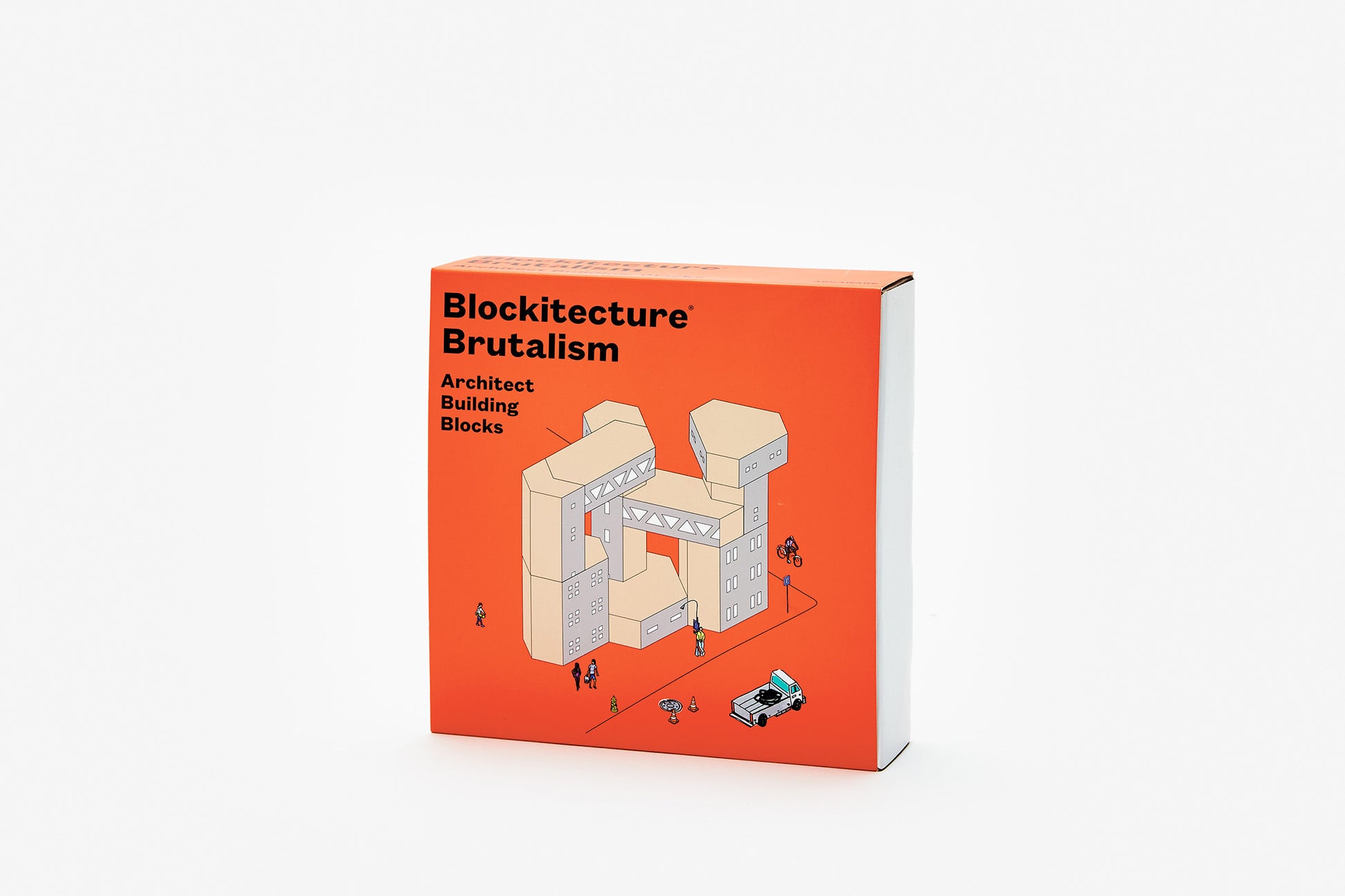 Orange box for wooden building blocks with grey building pattern