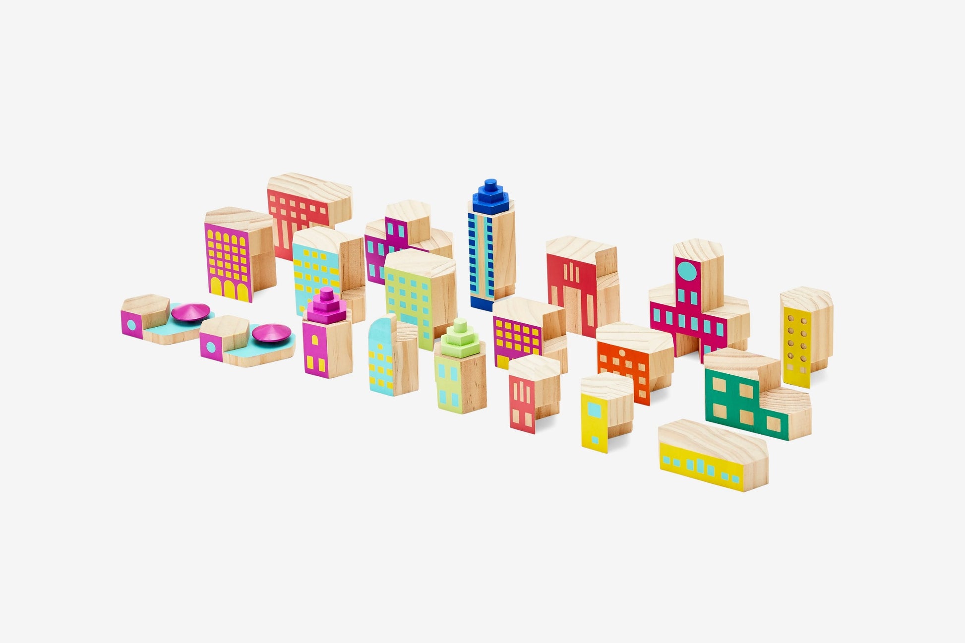 Colourful building blocks in various shapes and sizes painted to look like buildings.
