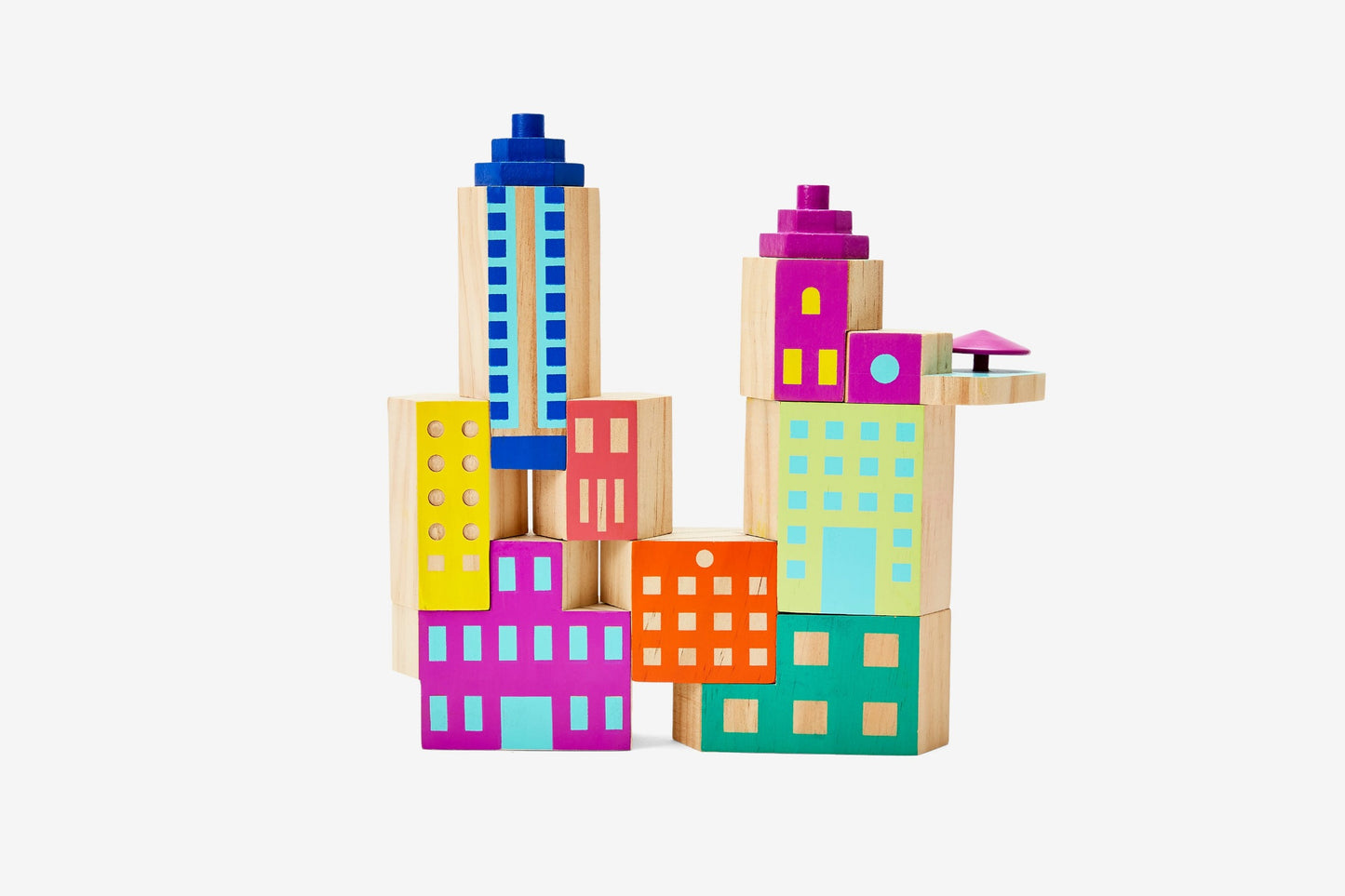 Colourful building blocks in various shapes and sizes painted to look like buildings.