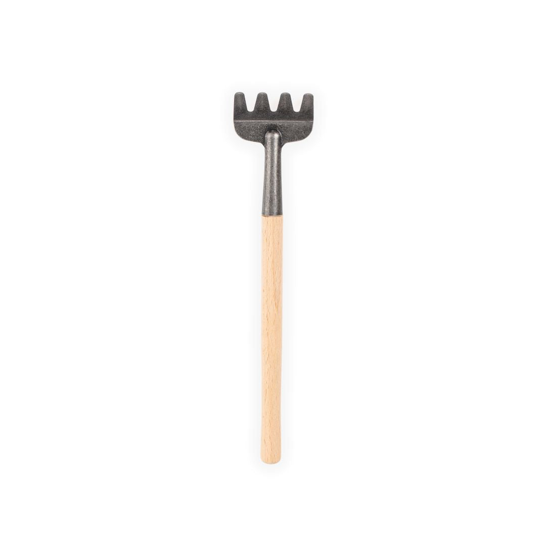 Mini rake with wooden handle.