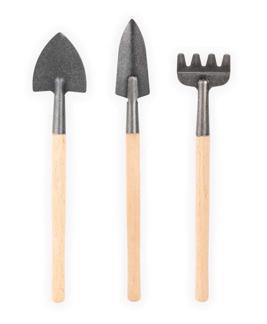 Mini rake, spade, and shovel with wooden handles.