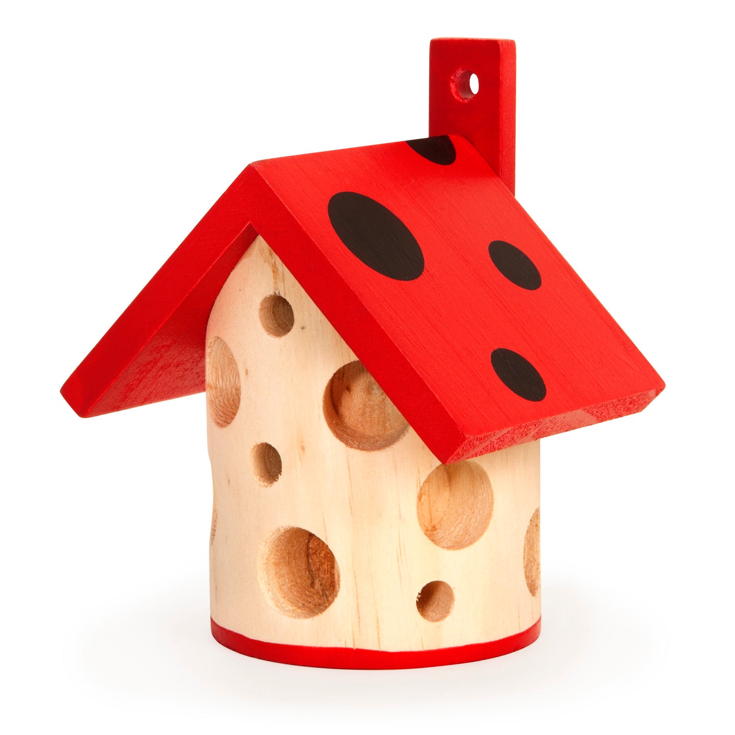 Pinewood ladybird house with a red spotty roof