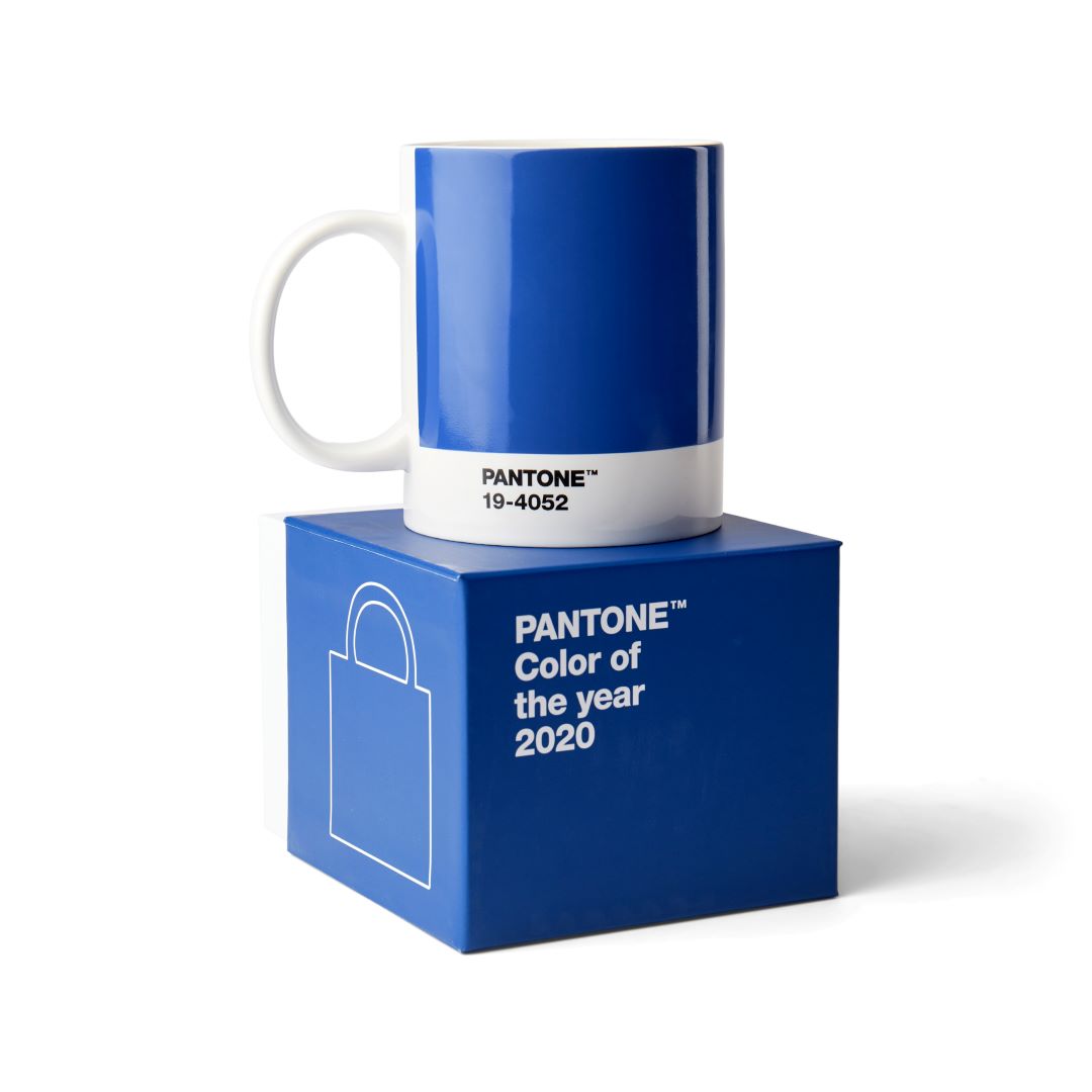 Pantone mug, blue with white handle and base. Text on white lower part reads 'PANTONE TM 19-4052' on top of matching presentation box reading 'PANTONE TM Colour of the year 2020'