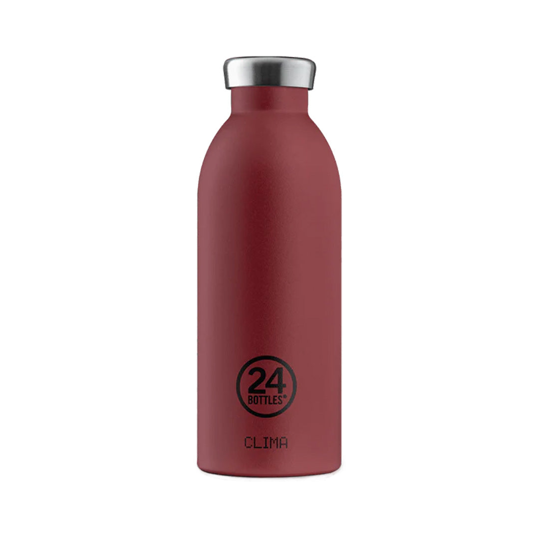 Red Stone coloured metal water bottle with a steel lid. 24 Bottles logo and the word 'CLIMA' are printed on the bottle.