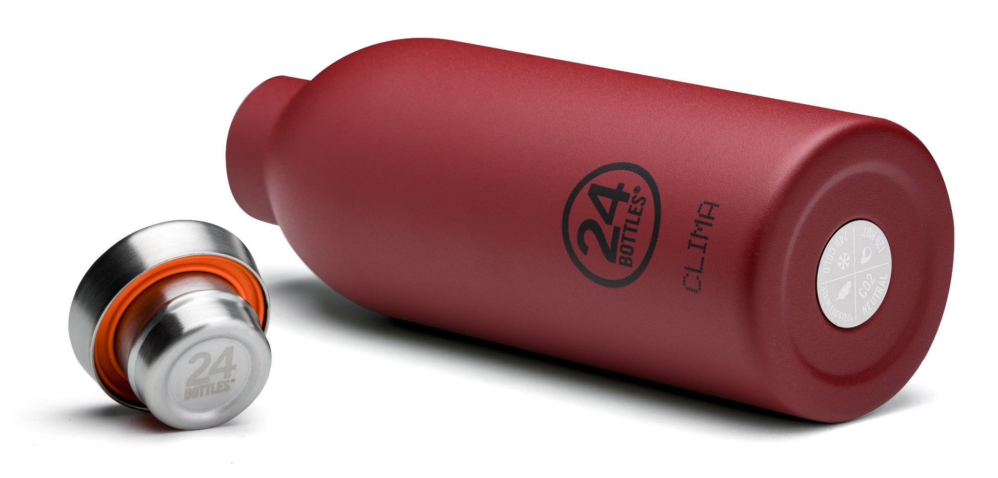 Red Stone coloured metal water bottle with a steel lid. 24 Bottles logo and the word 'CLIMA' are printed on the bottle.