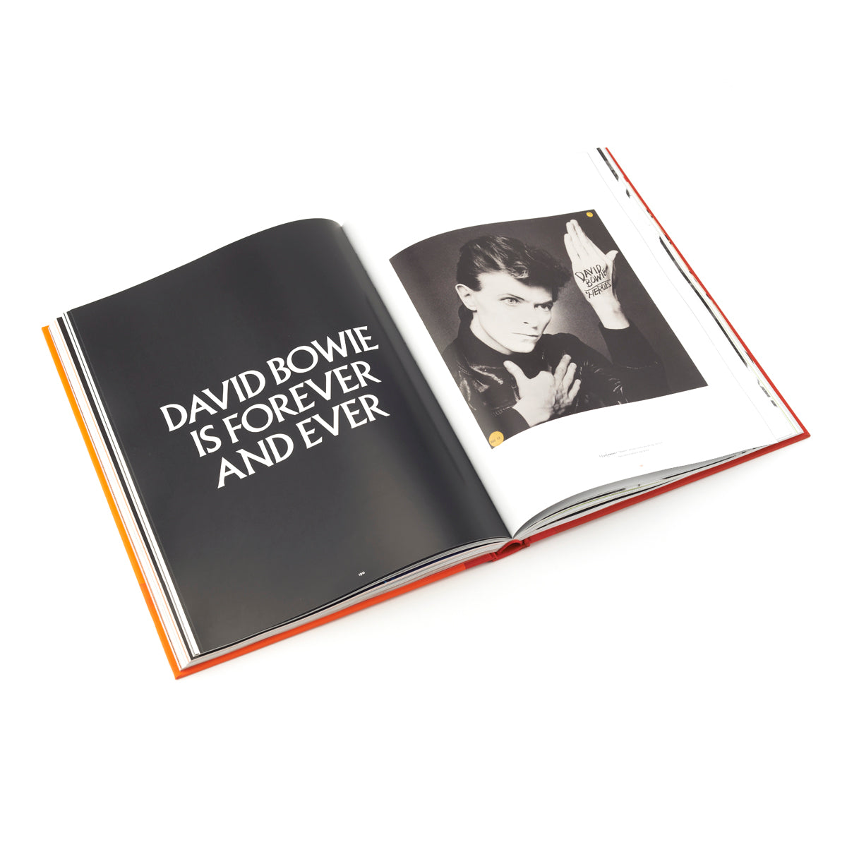 Open book, white text on black page reads DAVID BOWIE IS FOREVER AND EVER. Opposite page shows black and white image of Bowie.