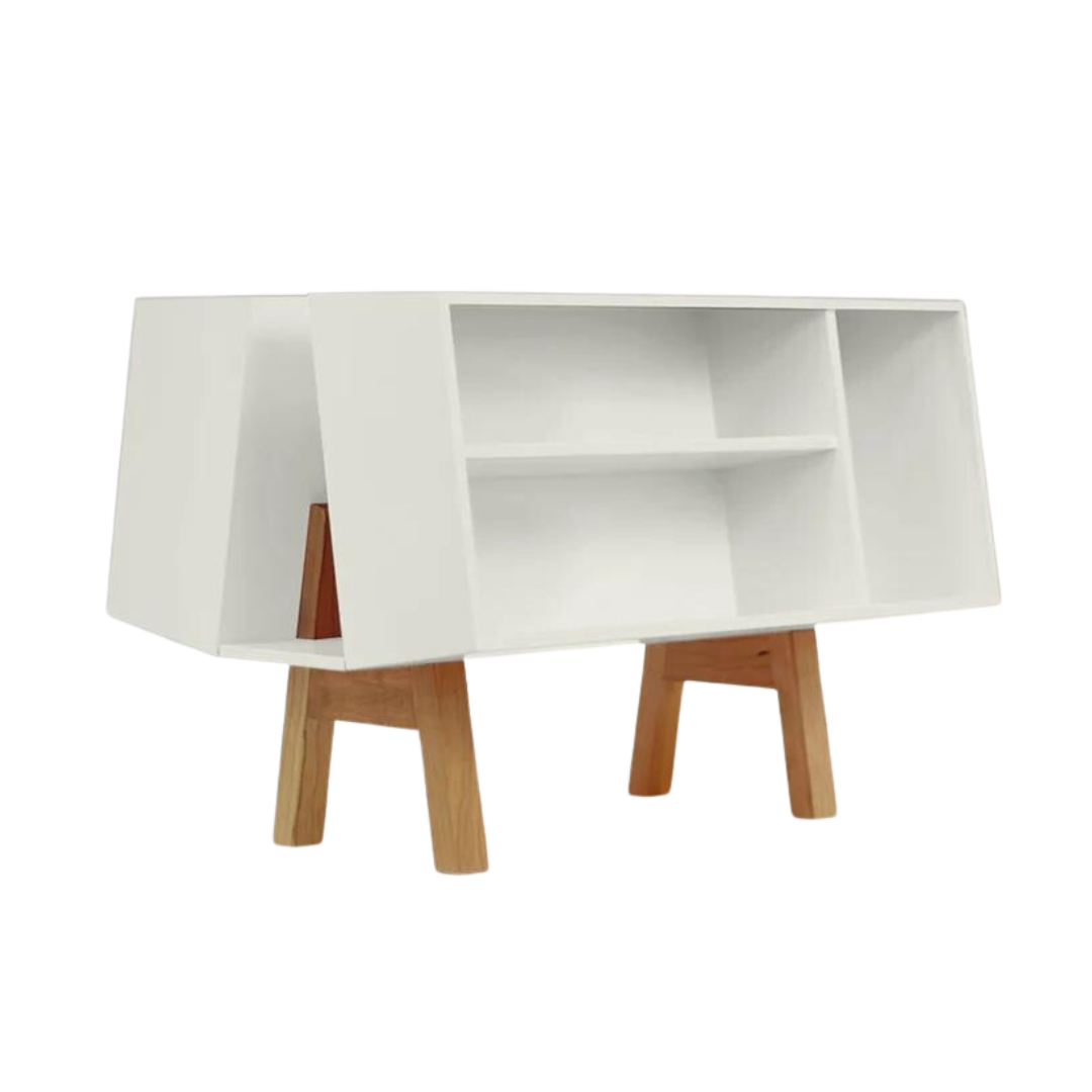 Isokon Penguin Donkey Mark 2, white bookshelf with wooden legs