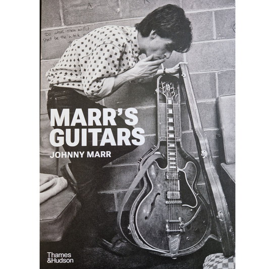 Front cover of 'Marr's Guitars' featuring a black and white photograph of Johnny Marr with a guitar