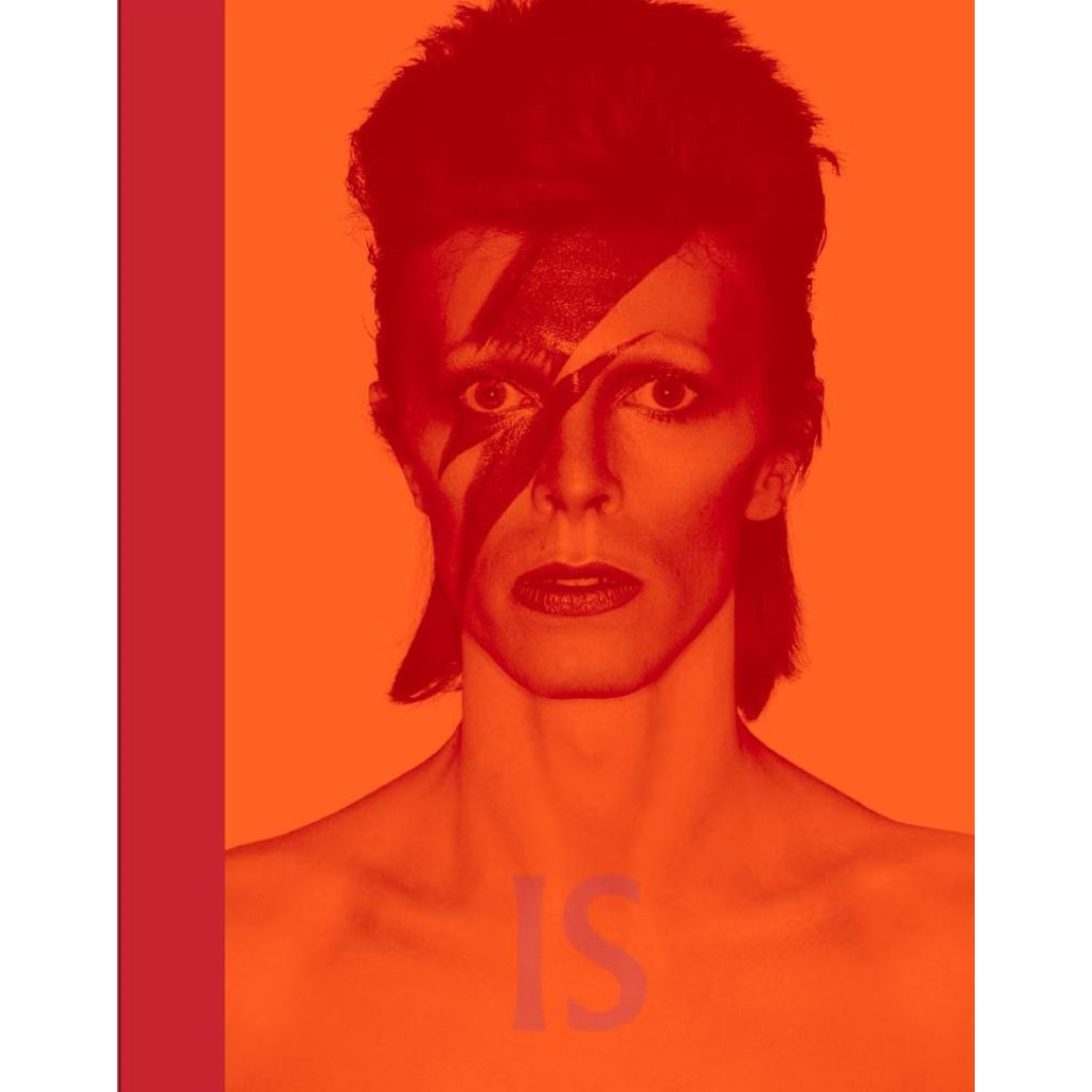 Front cover of book, a orange monochrome image of David Bowie with Ziggy Stardust makeup.