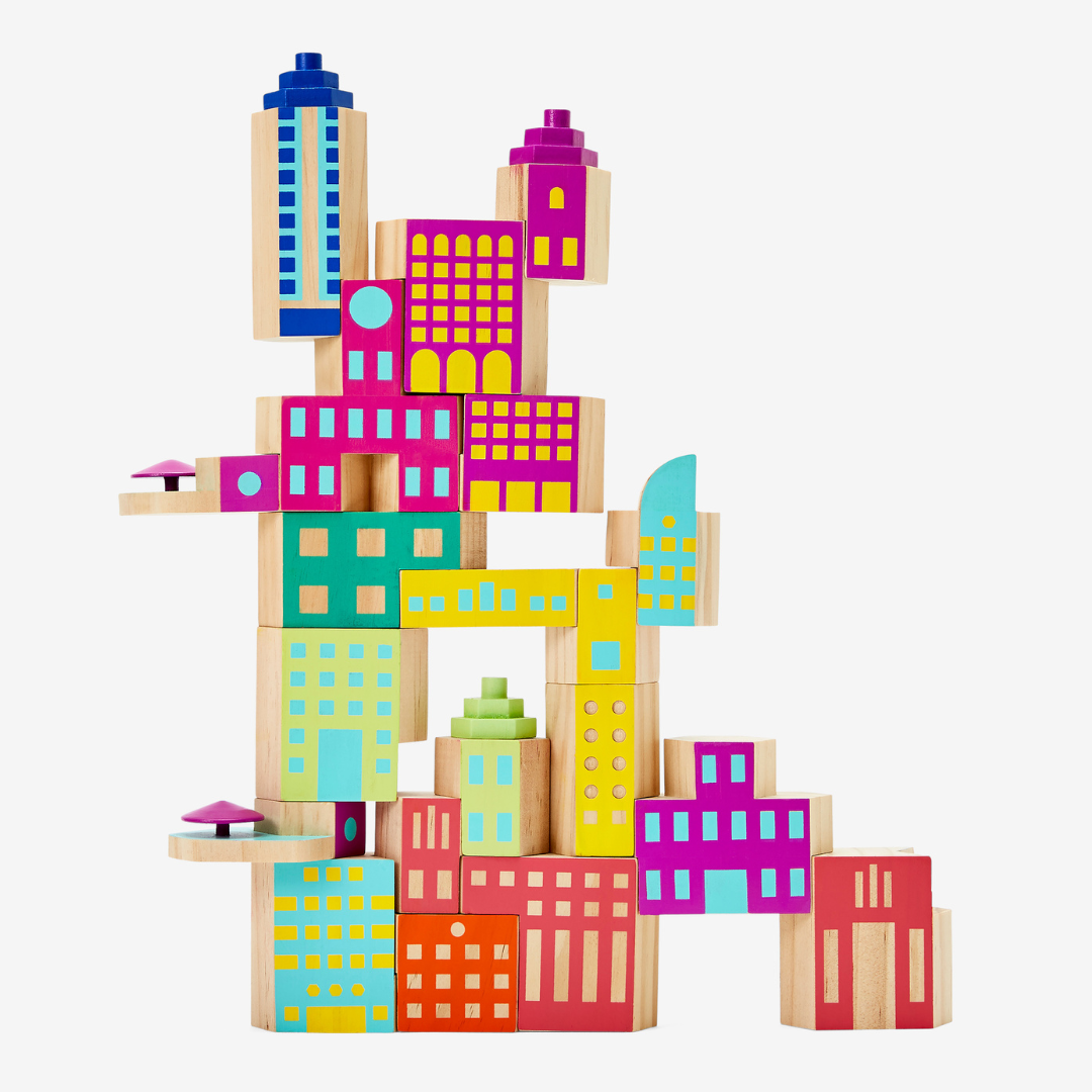 Colourful building blocks in various shapes and sizes painted to look like buildings.