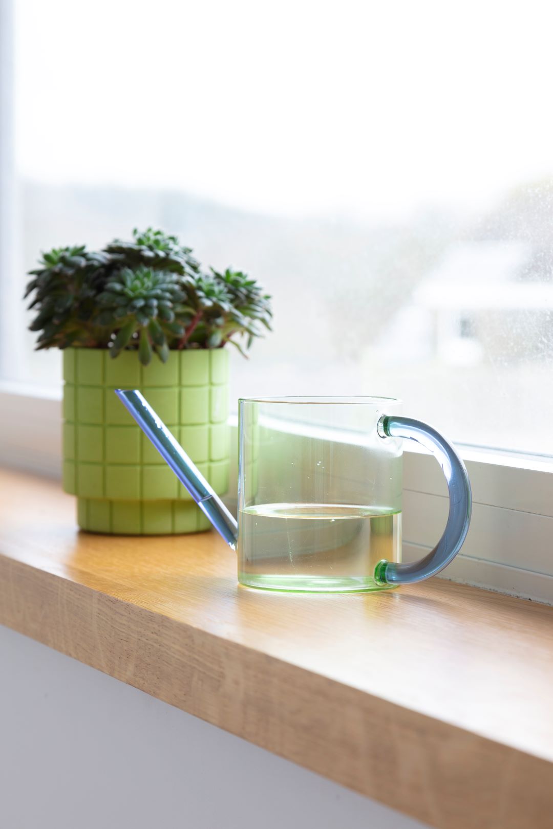 a green glass watering can with a blue handle and spout on a window sill next to a potted plant