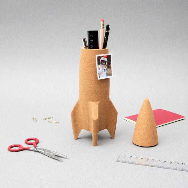 Cork Rocket Desk Tidy in use