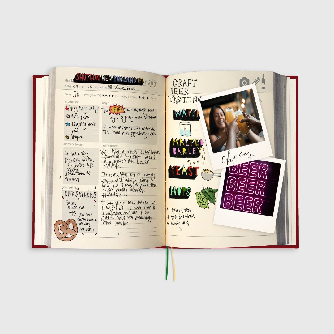 My Drinks Journal filled in with handwriting and photographs