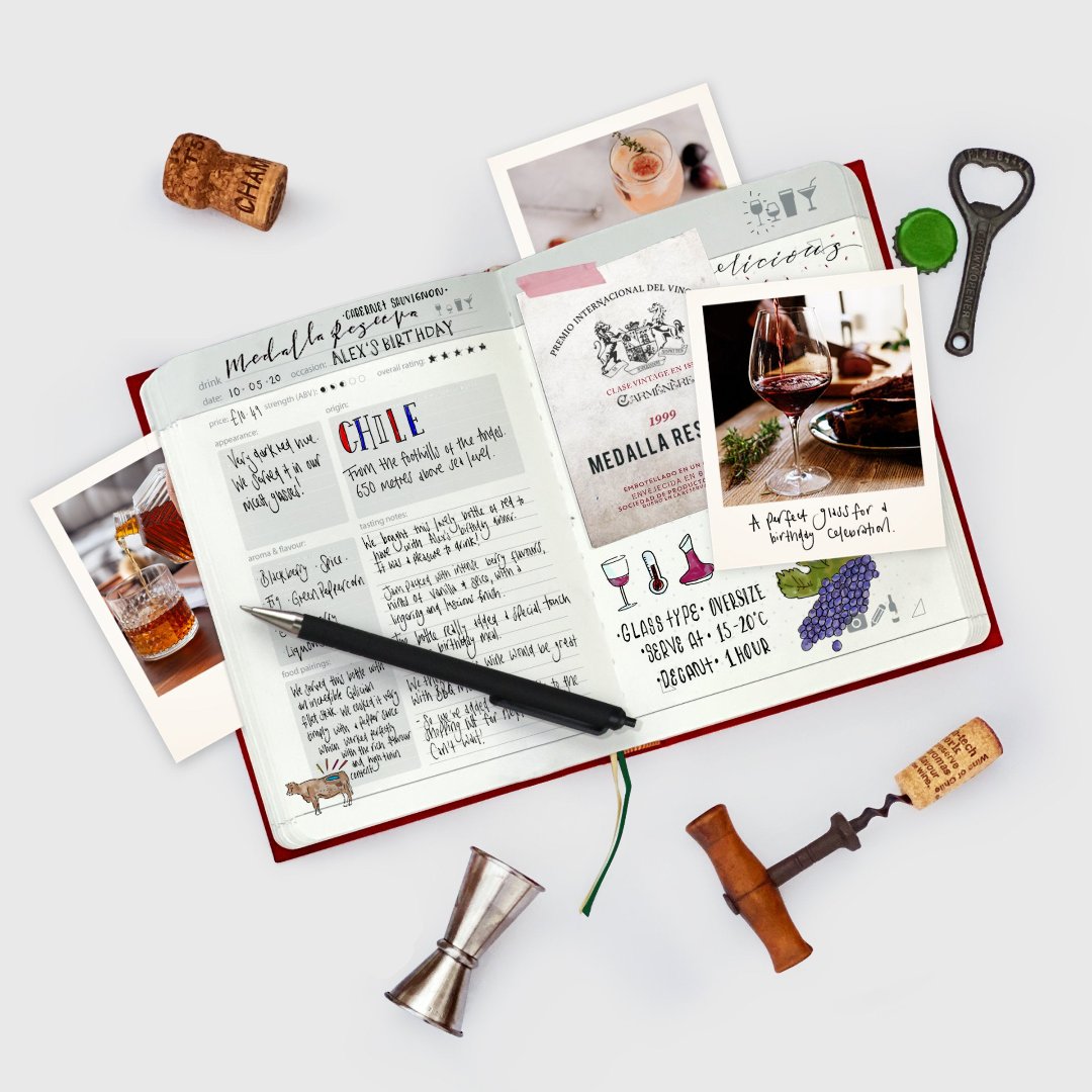 My Drinks Journal filled in with handwriting and photographs