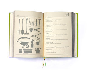 Inside of the Gardening Handbook, showing images and description of tools.