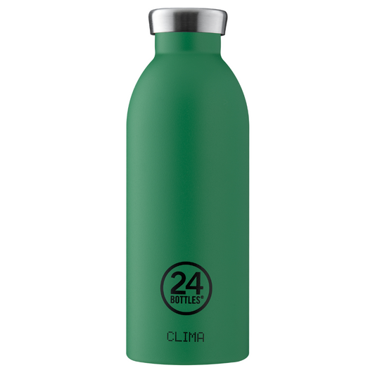 Emerald Green coloured metal water bottle with a steel lid. 24 Bottles logo and the word 'CLIMA' are printed on the bottle.