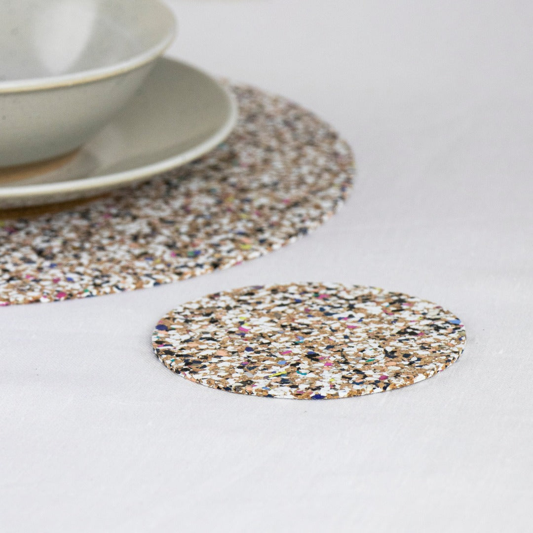 Coaster made from cork and recycled EVA plastics