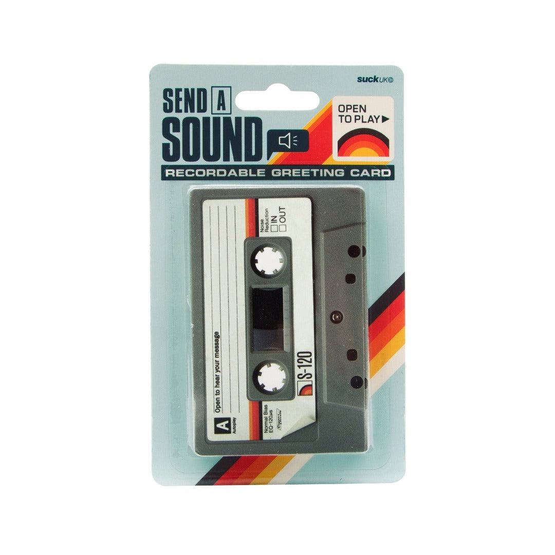 Recordable greeting card shaped like a cassette tape, in packaging