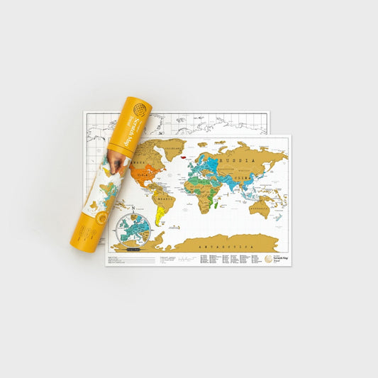 World map - some countries are gold foil, others have been scratched off to reveal colour. Also pictured is yellow cardboard tube.