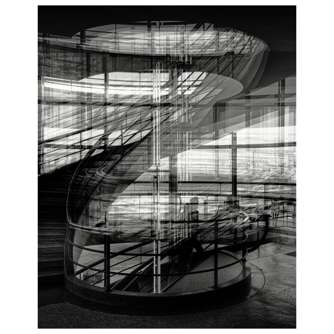 black and white print featuring overlaid images of the interior staircase of the De La Warr Pavilion.