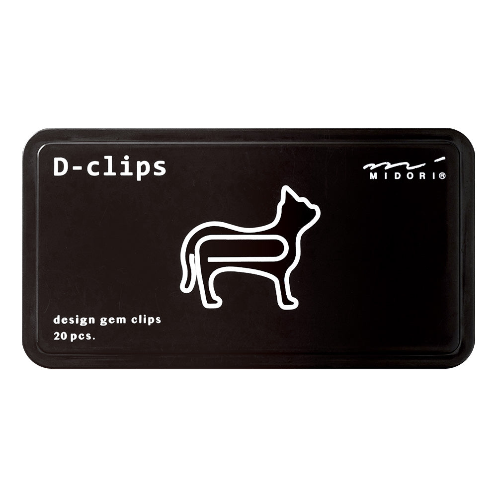 black slide open box with image of cat shaped paper clip and words 'D-clips' and 'Midori'