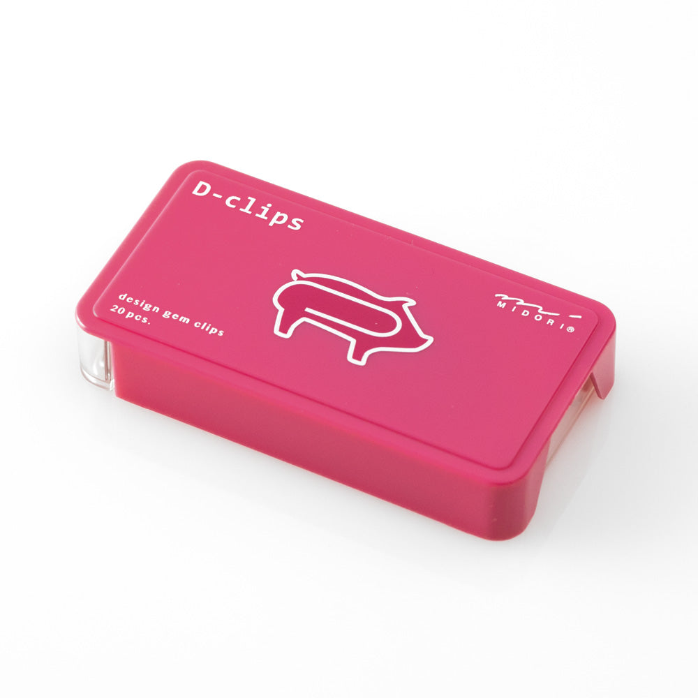slide open pink box with image of a pig shaped paper clip, and the words 'D-clips' and 'Midori'