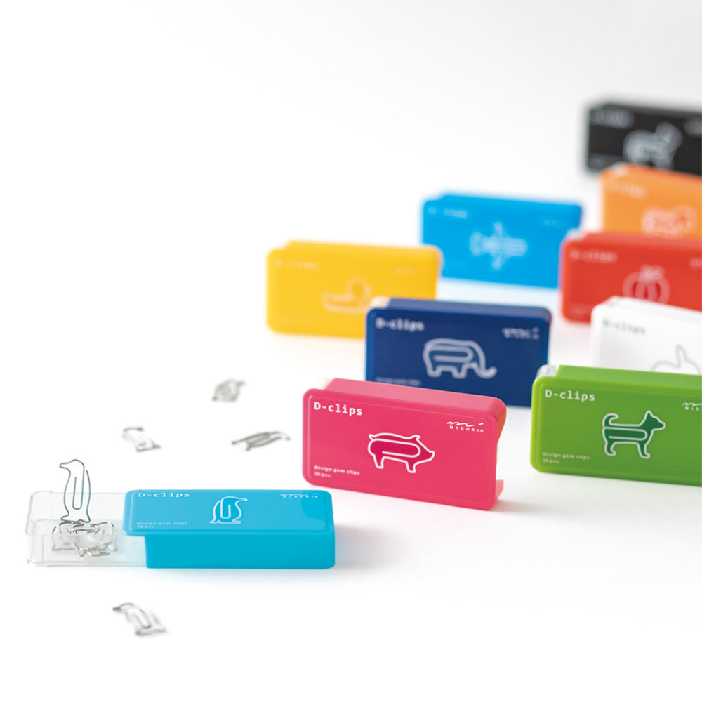 Collection of various coloured slide open boxes with images of paper clips in the shape of animals on them.
