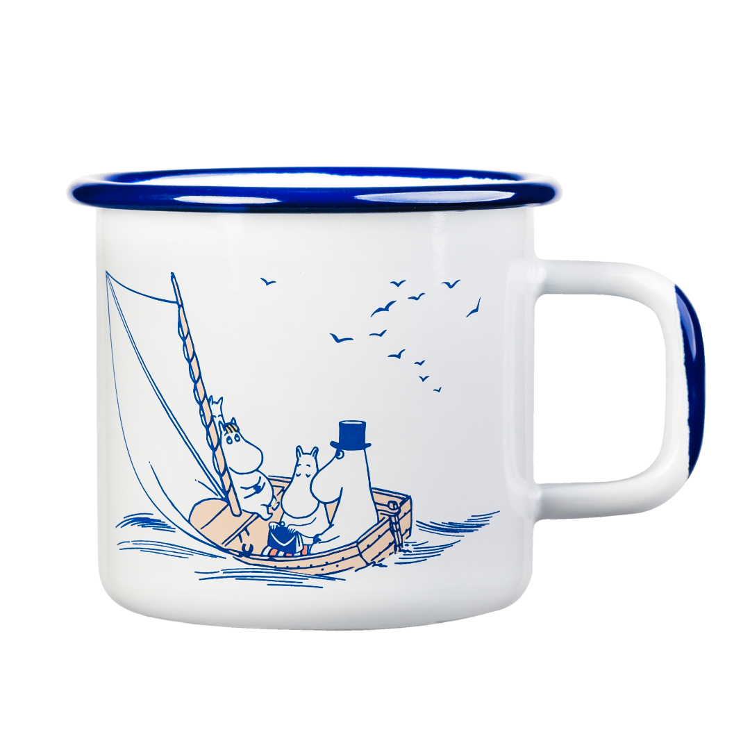 White and blue enamel mug featuring an image of the Moomin family sailing