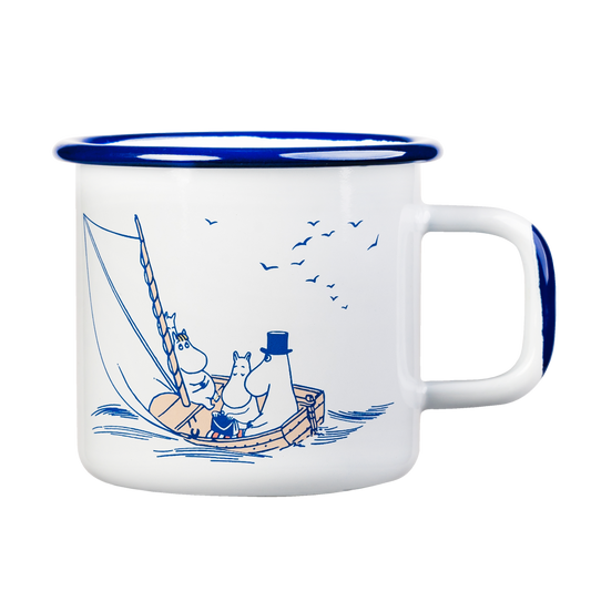 White and blue enamel mug featuring an image of the Moomin family sailing