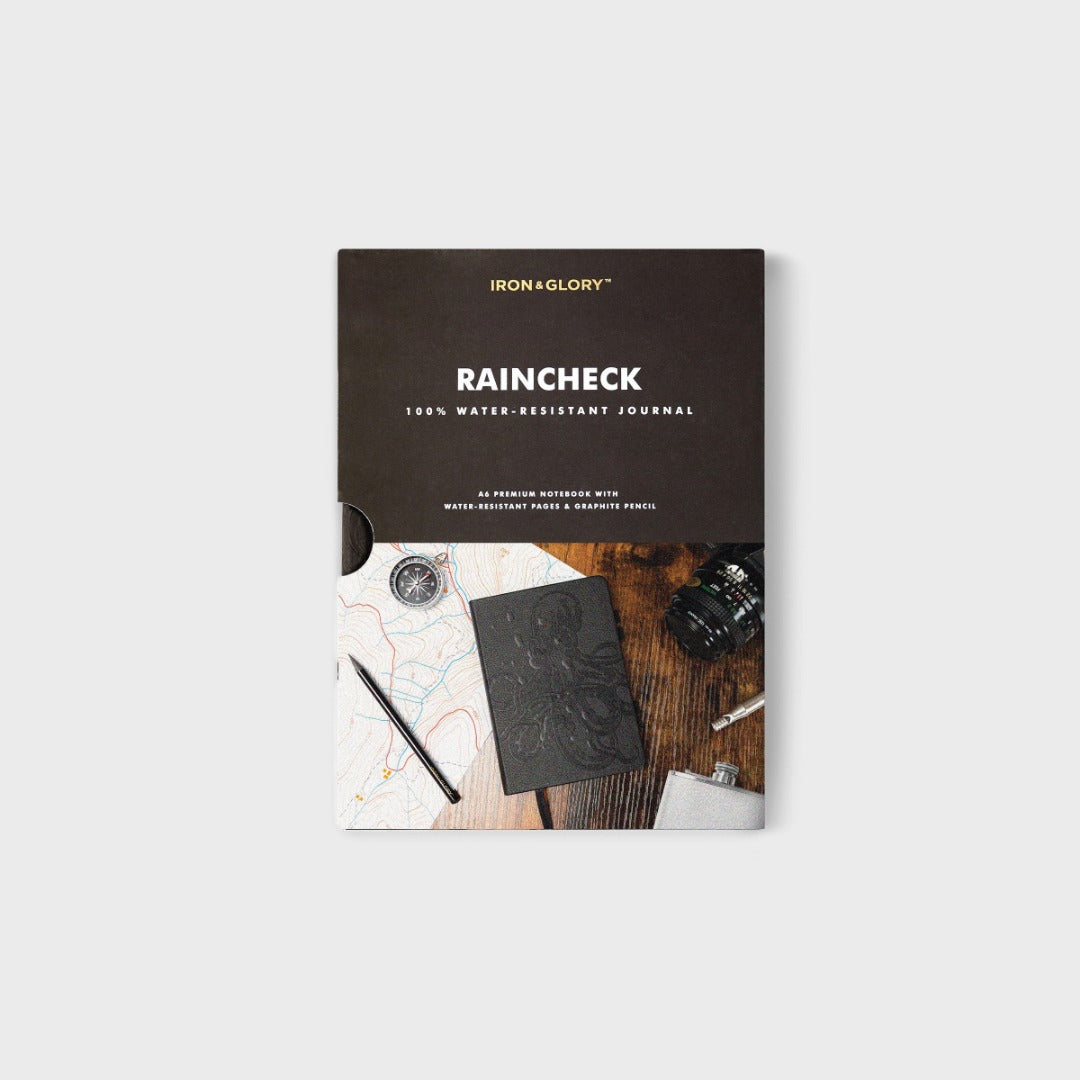 RAINCHECK water-resistant journal by Iron & Glory, in packaging cardboard sleeve.