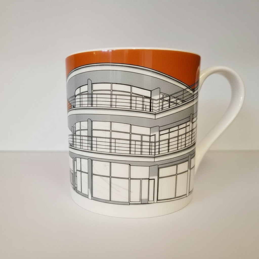 Mug with architectural design on a plain background