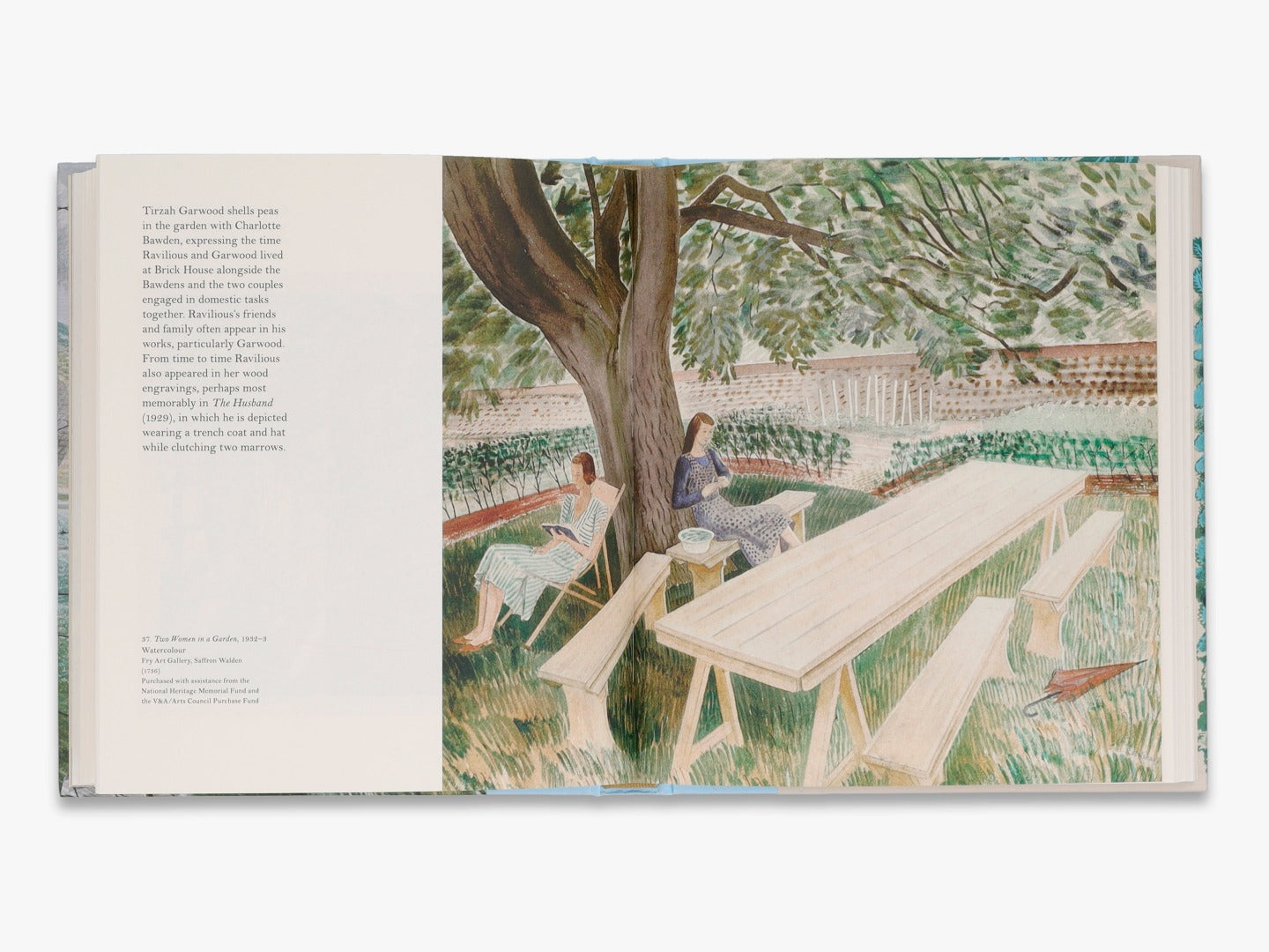 Page of 'Eric Ravilious: Landscapes & Nature' book with text and painting of two women in a garden