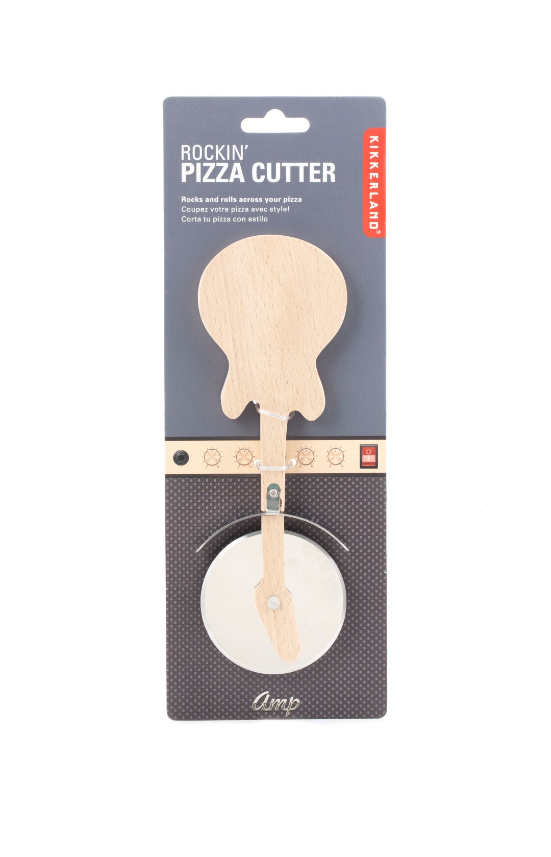 Wooden guitar shaped pizza cutter in packaging