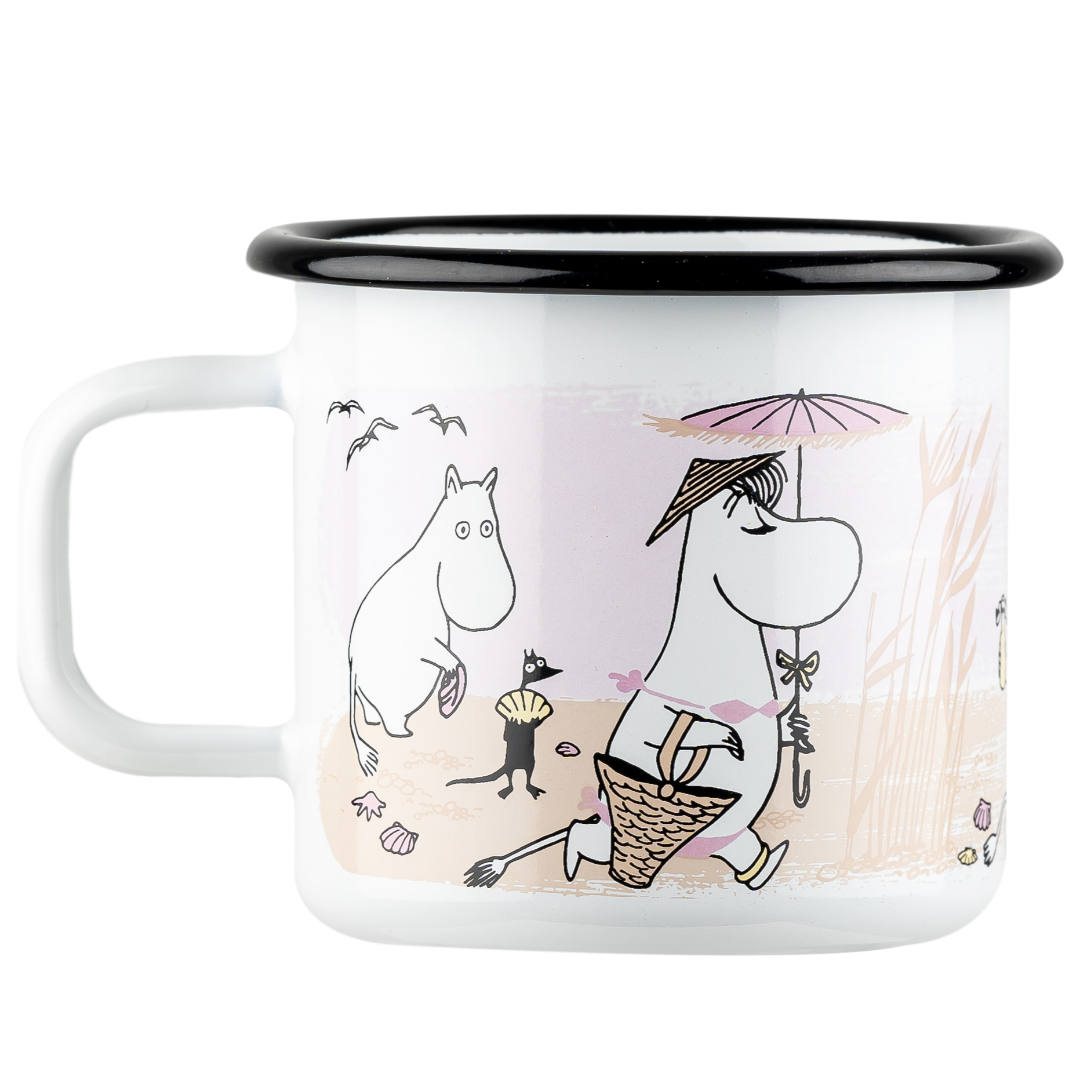 side of enamel Moomin mug with characters at the beach