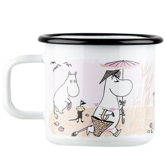 side of enamel Moomin mug with characters at the beach