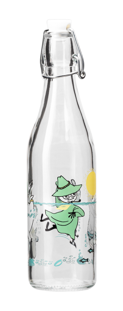 Glass bottle featuring images of Moomin characters swimming