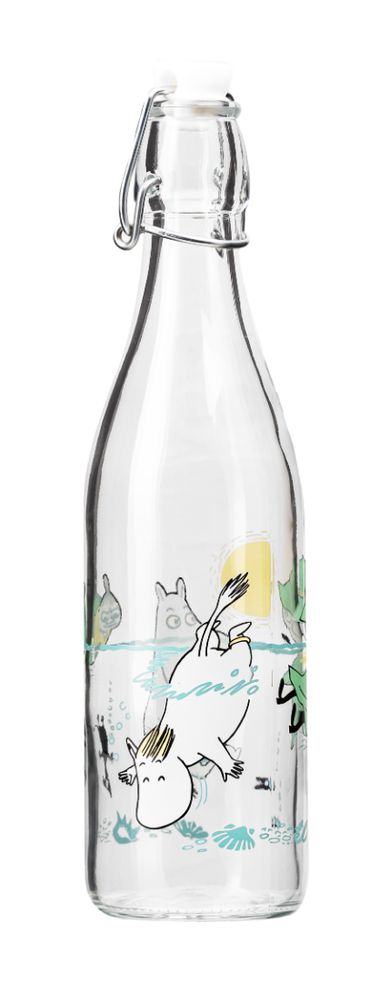 Glass bottle featuring images of Moomin characters swimming