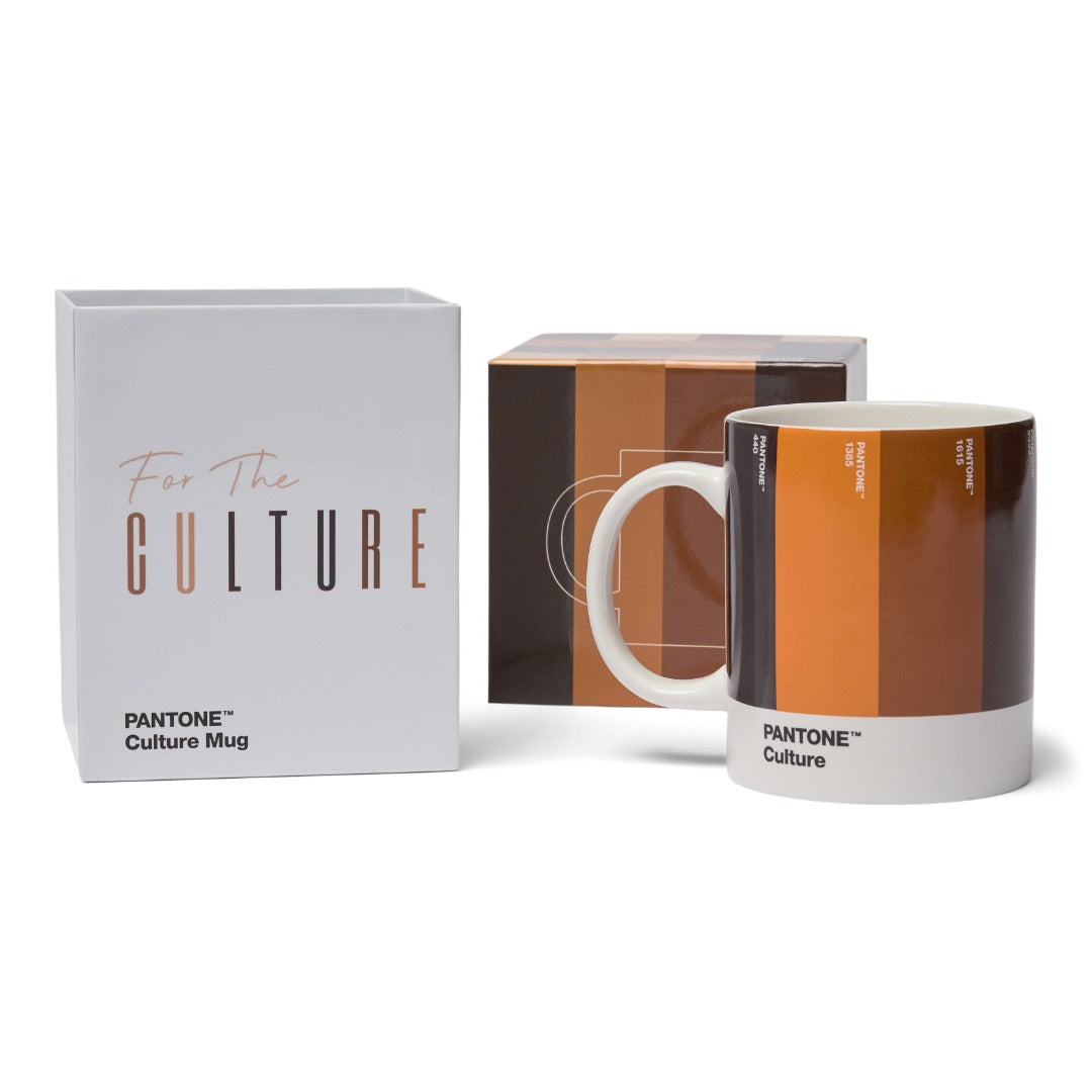 Pantone mug featuring stripes in different skin tone colours with Pantone number. Pictured with box.