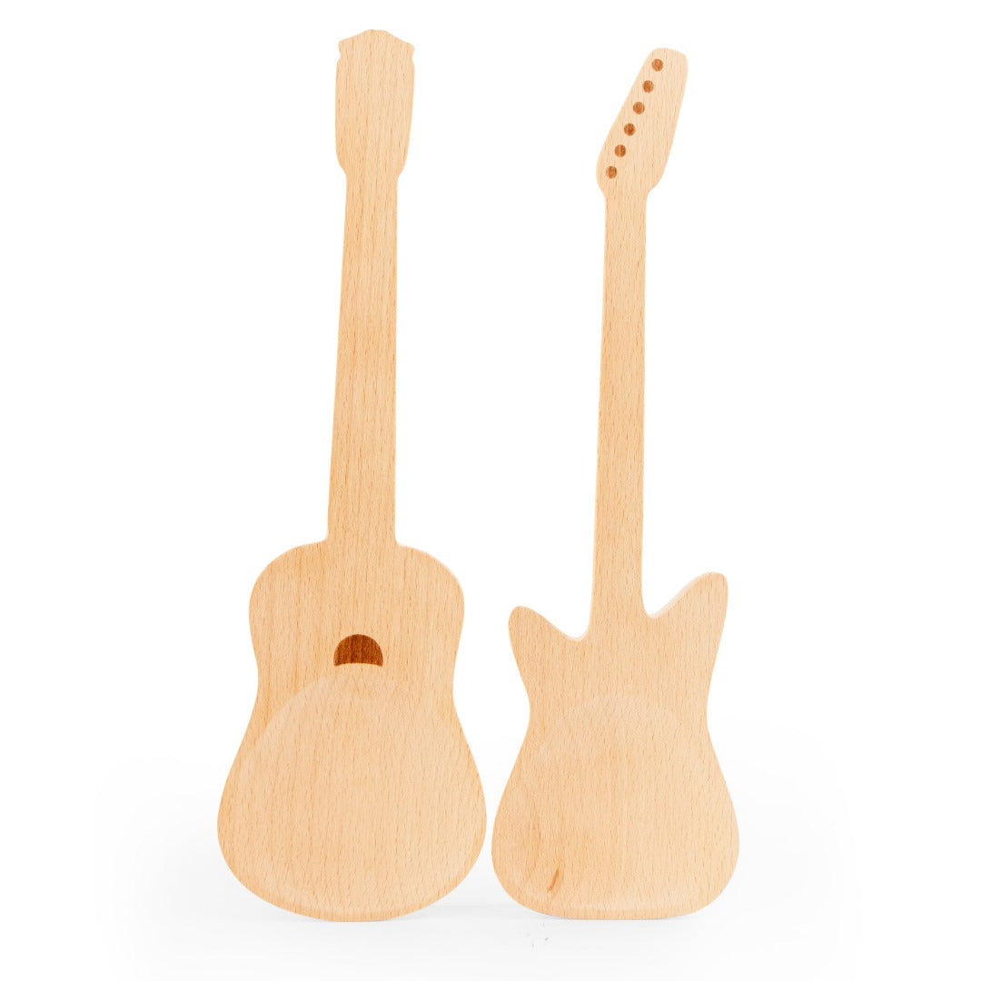 Two wooden spoons, shaped like an acoustic and an electric guitar